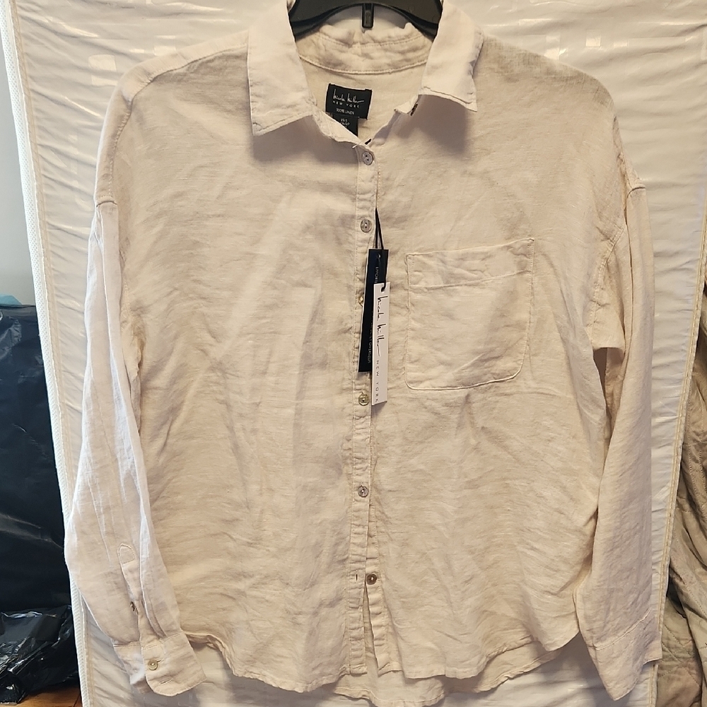 Nicole Miller Linen Beige Casual Button Down Shirt Size S Oversized.